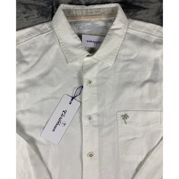 Carribbean Men's Size XXL White Casual Linen Blend Button Up Shirt Palm Tree - Picture 2 of 8
